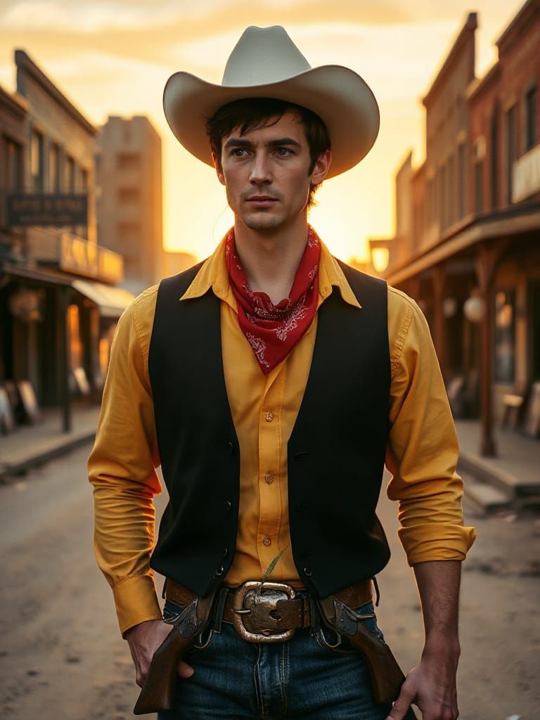 Frontier Cowboy Stands Tall in Dusty 1880s Town