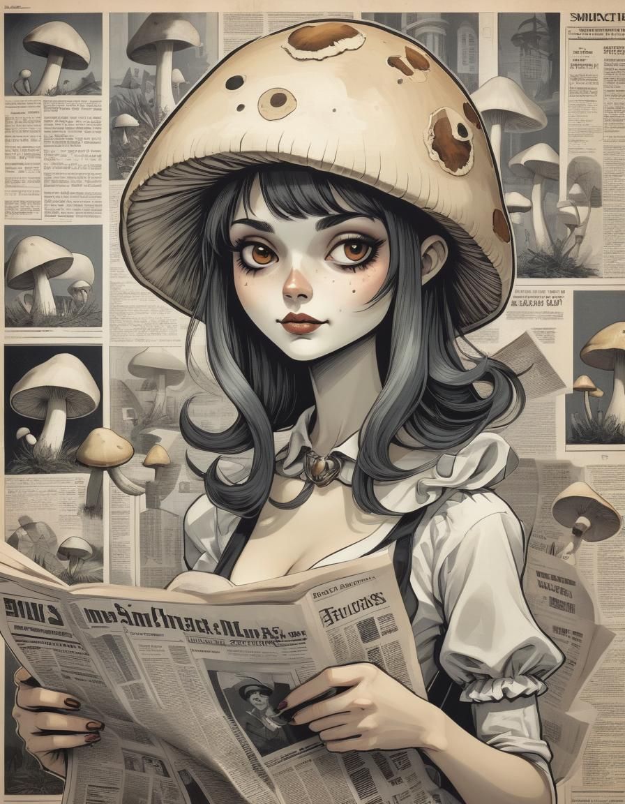 Mushroom Girl Reads News in Comic Cubist Style