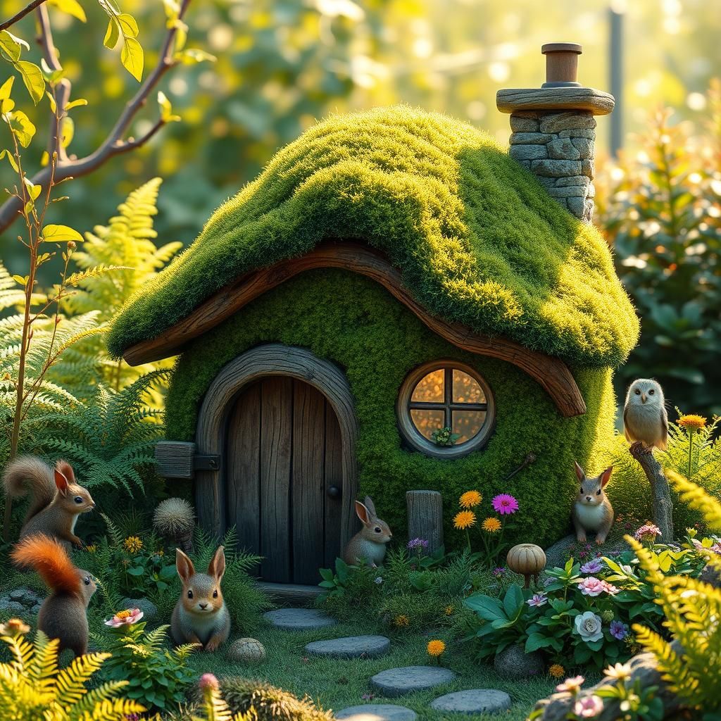 Enchanting Cottage Garden Scene with Woodland Creatures