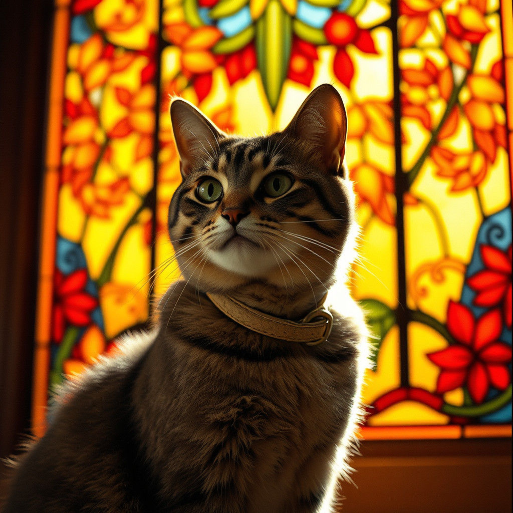 Regal Grey Tabby Cat Adorned with Delicate Collar in Autumn...