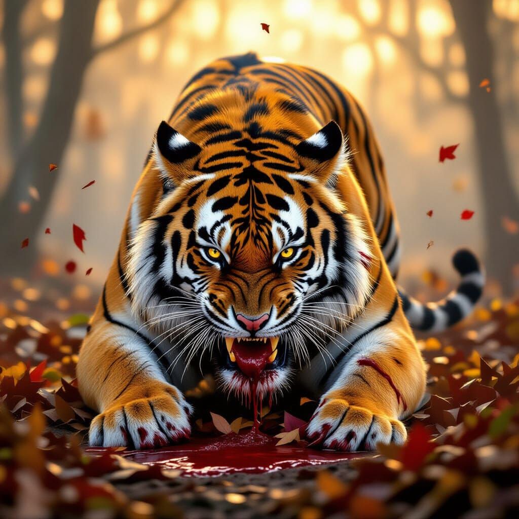 Ferocious Tiger Devouring Blood-Soaked Leaves
