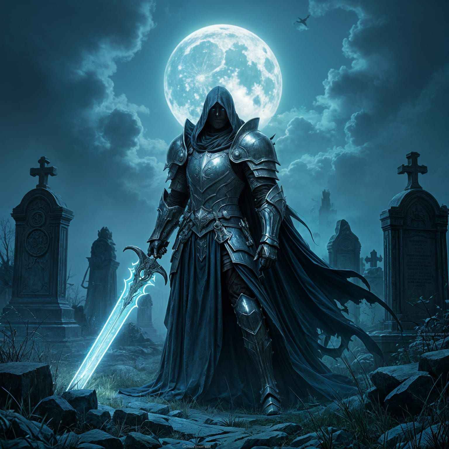 Spectral Knight Guards Moonlit Gothic Cemetery