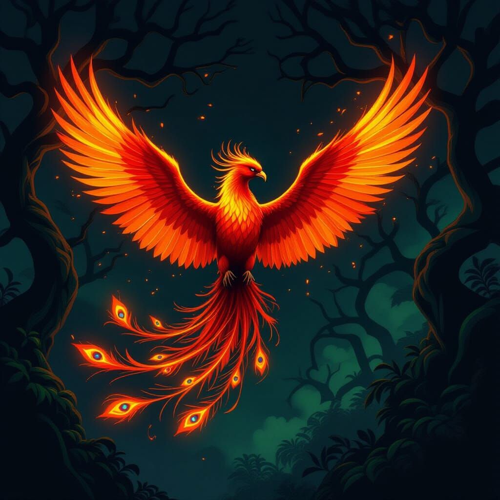 Majestic Fiery Phoenix Against Mystical Black Background