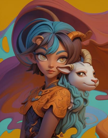 Woman with Spiral Goat Horns in Vibrant, Layered Acrylic Art