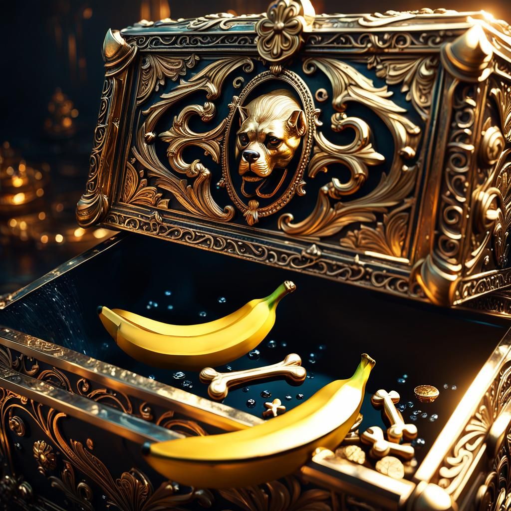 Golden Banana and Dog Bone in Ornate Chest