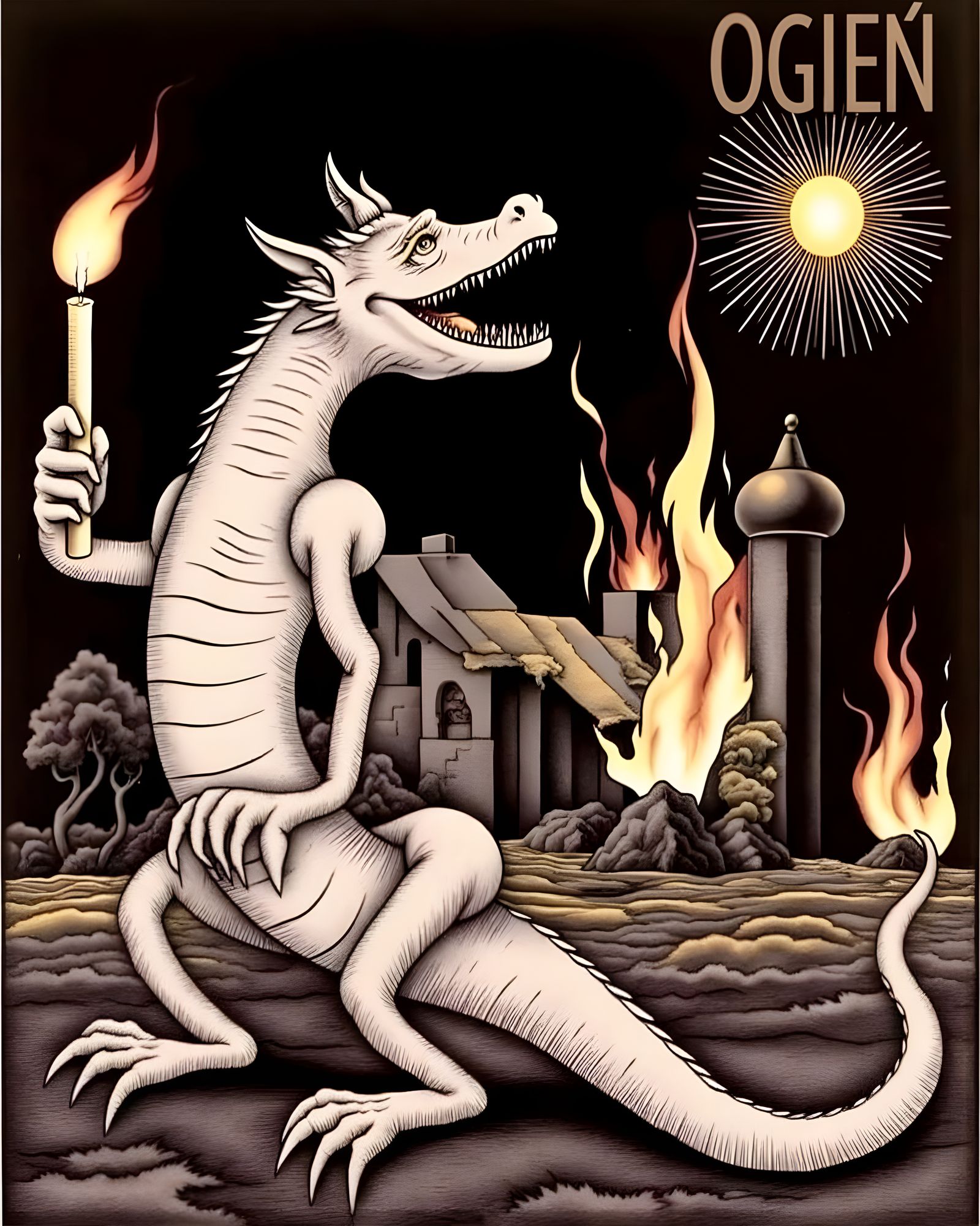 Candle Dragon Fire Humor in 1930s Cartoon Style