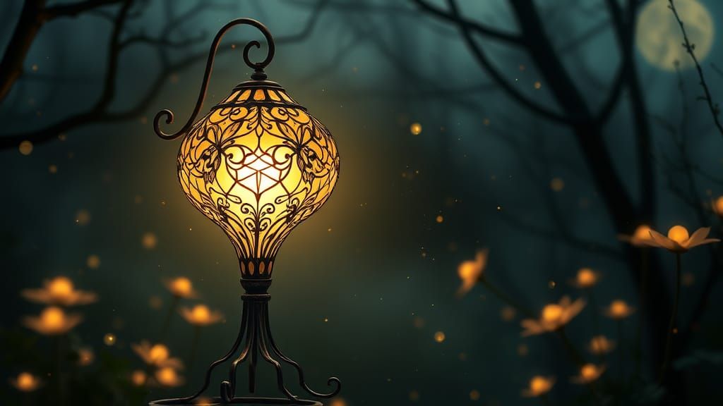 Enchanted Lamp Glows in Moonlit Glade