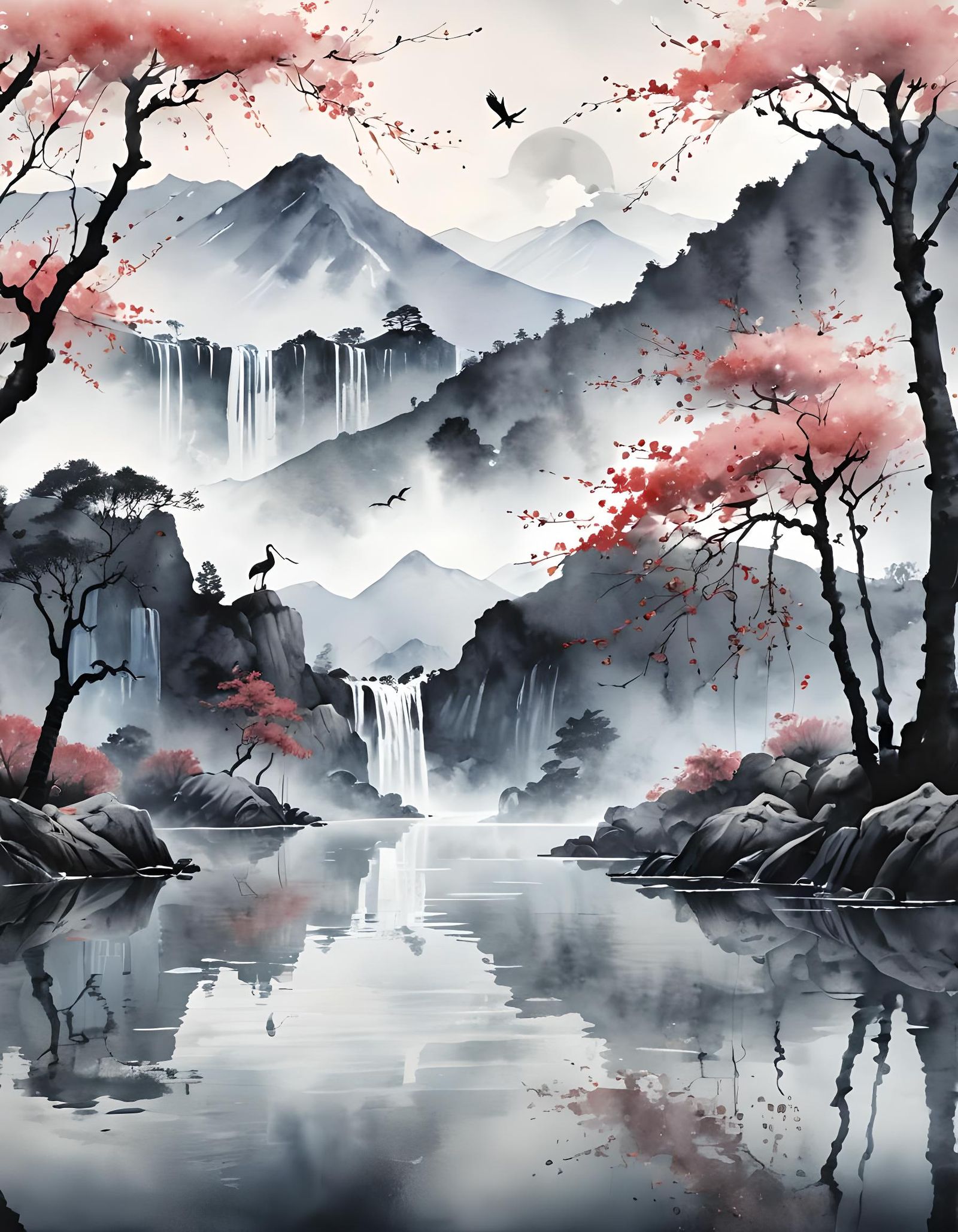 Misty Mountains Watercolour with a Lone Crane in Reflection