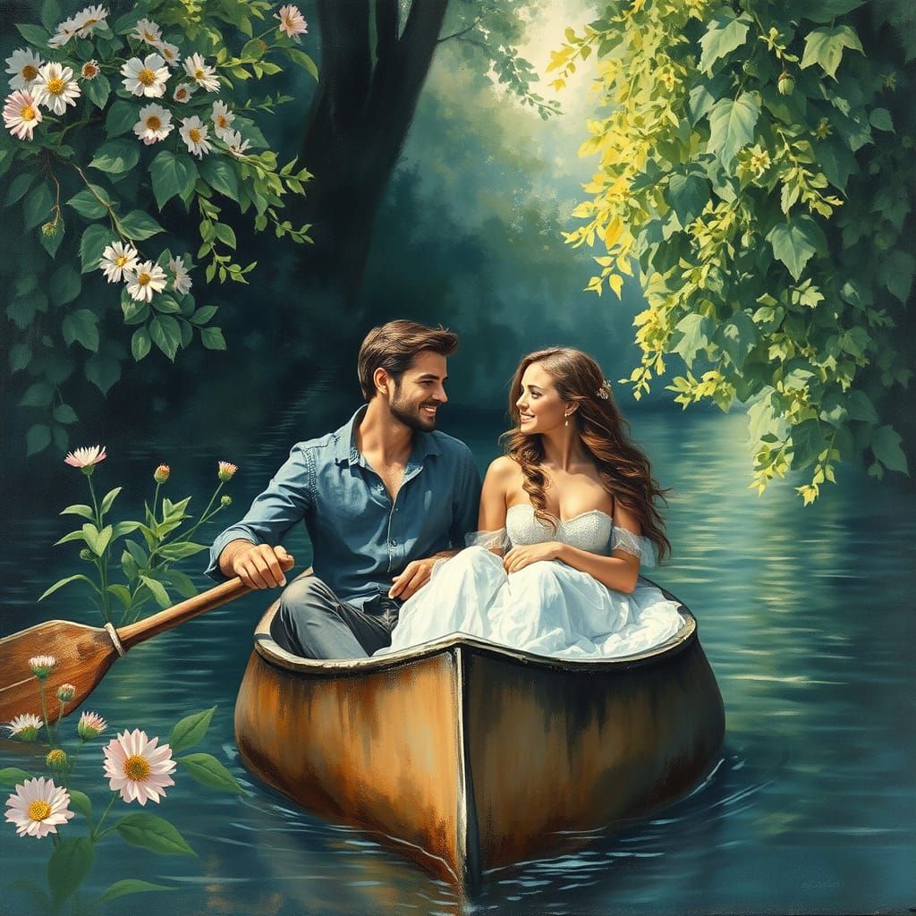 Romantic Canoe Trip: Impressionistic Summer Landscape