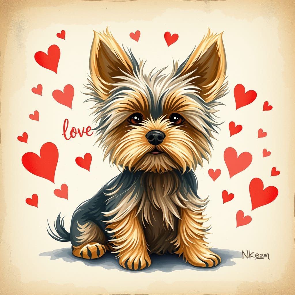 Whimsical Toy Yorkie in a Heartfelt Watercolor Scene