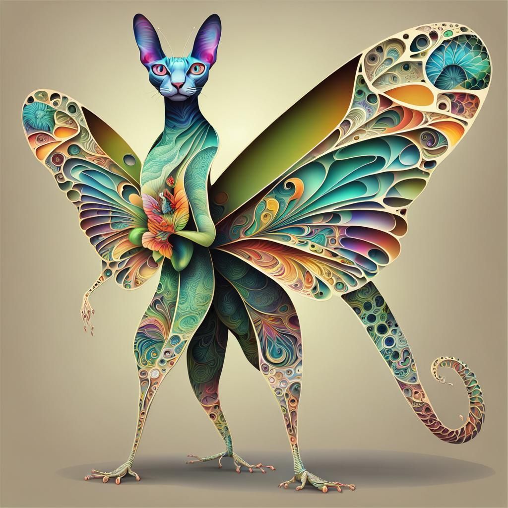 Tropical Sphynx Cat with Butterfly and Praying Mantis