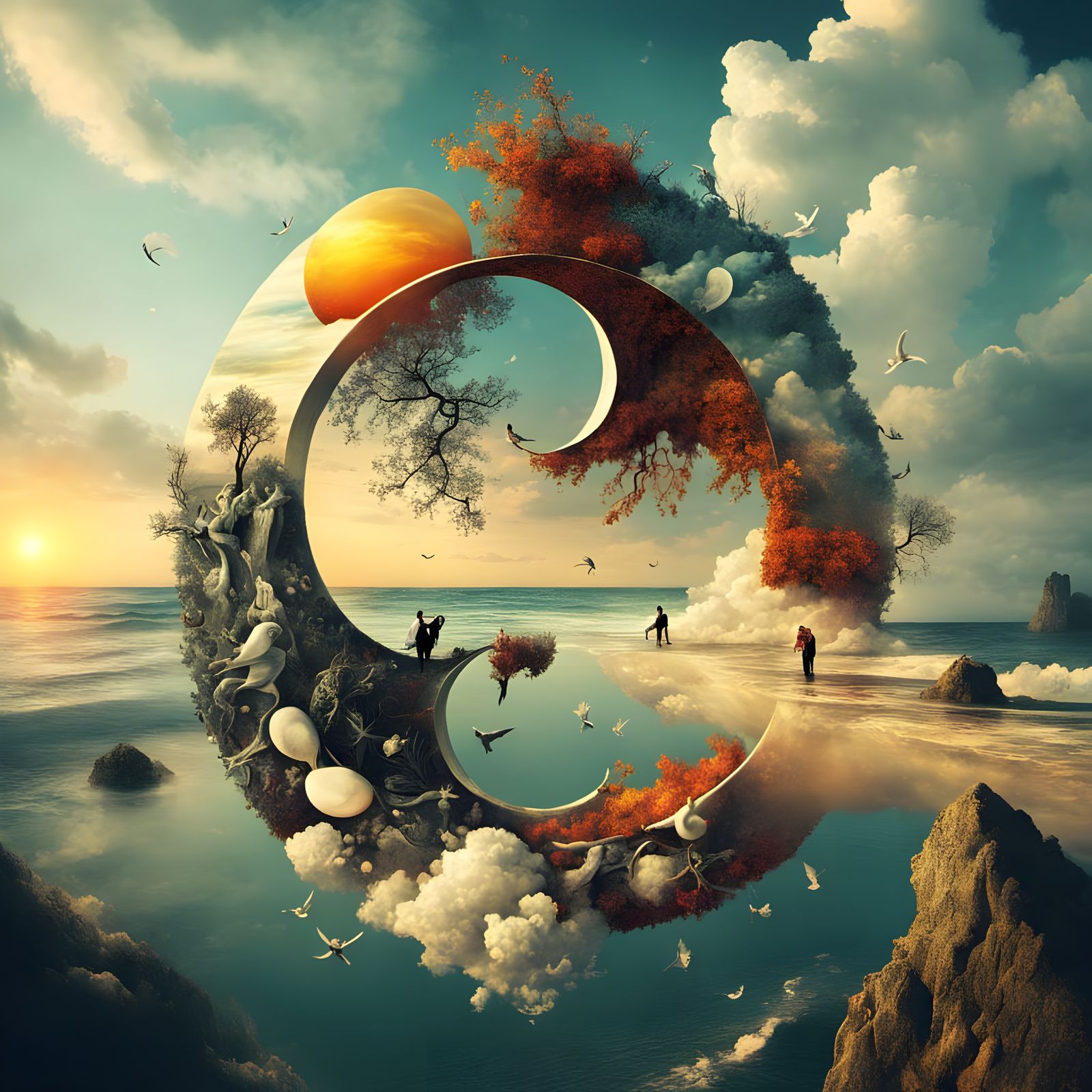 Surreal Yin Yang Sun and Moon at Vibrant Beach Sunset