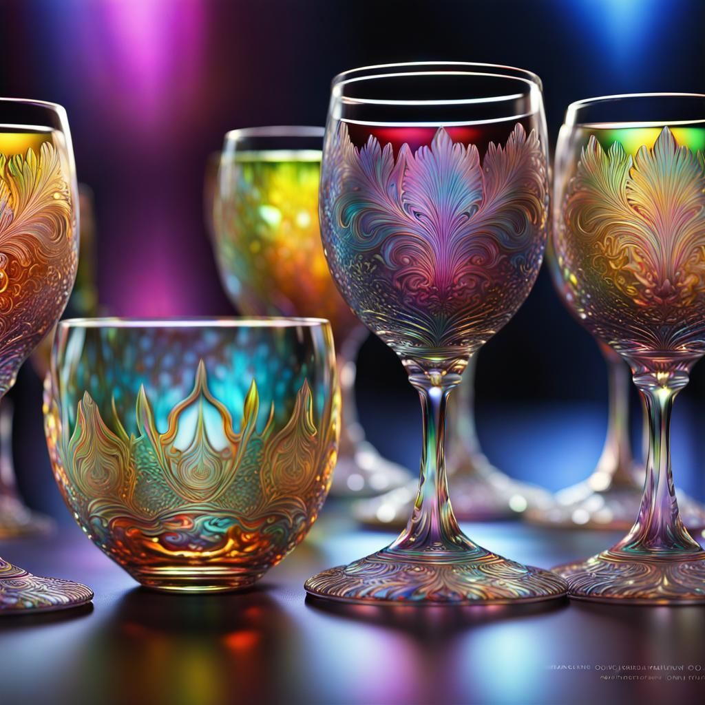Elaborate Crystal Wine Glasses in Carnival Glass Style