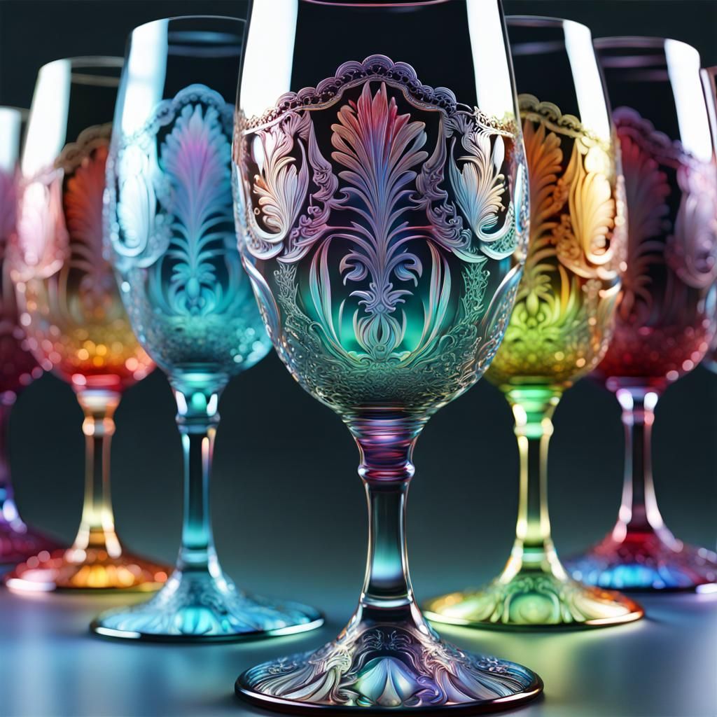 Elaborate Crystal Wine Glasses with Intricate Engravings
