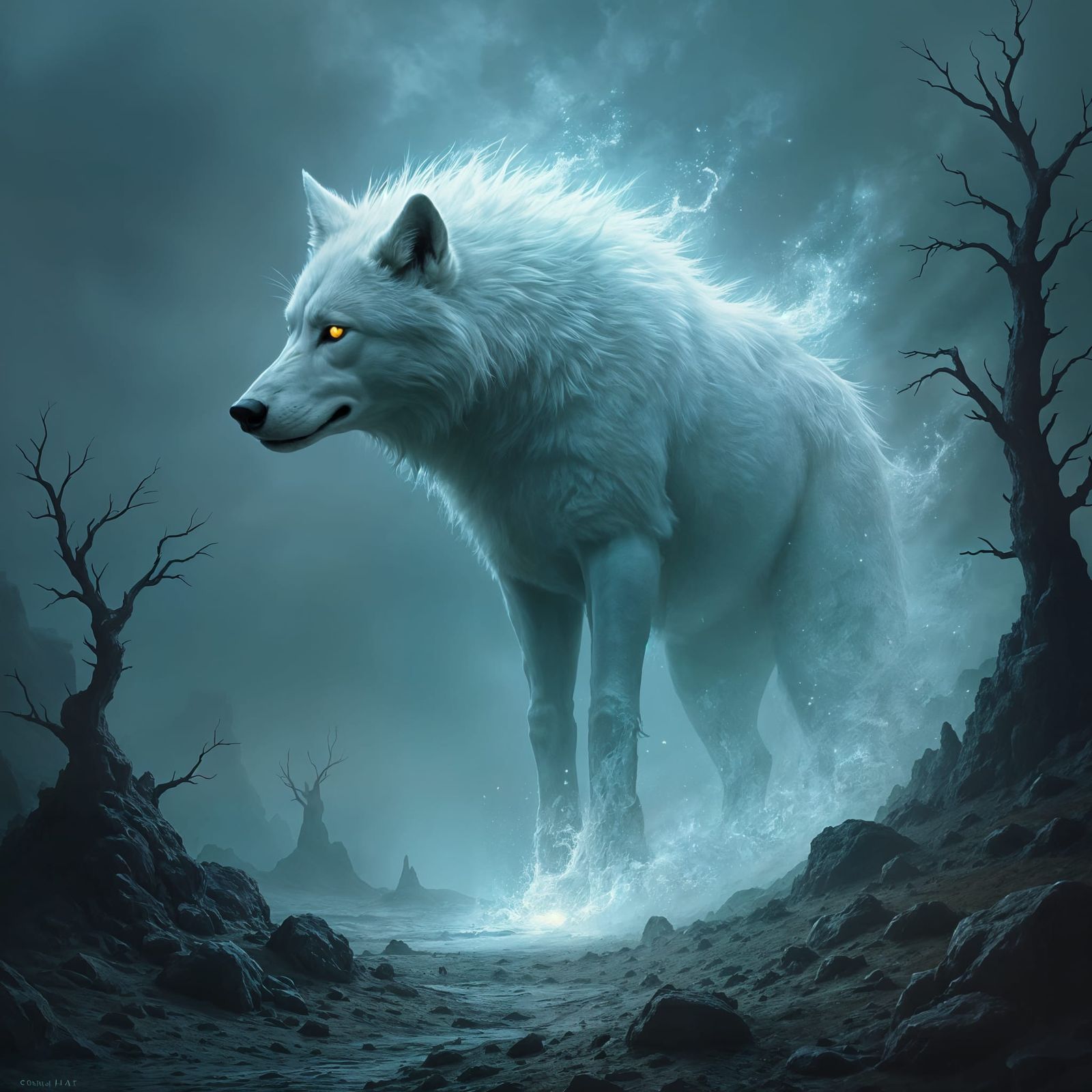 A ghostly dire wolf materializes from a swirling vortex of mist and stardust, its fur shimmering with an ethereal glow. ...