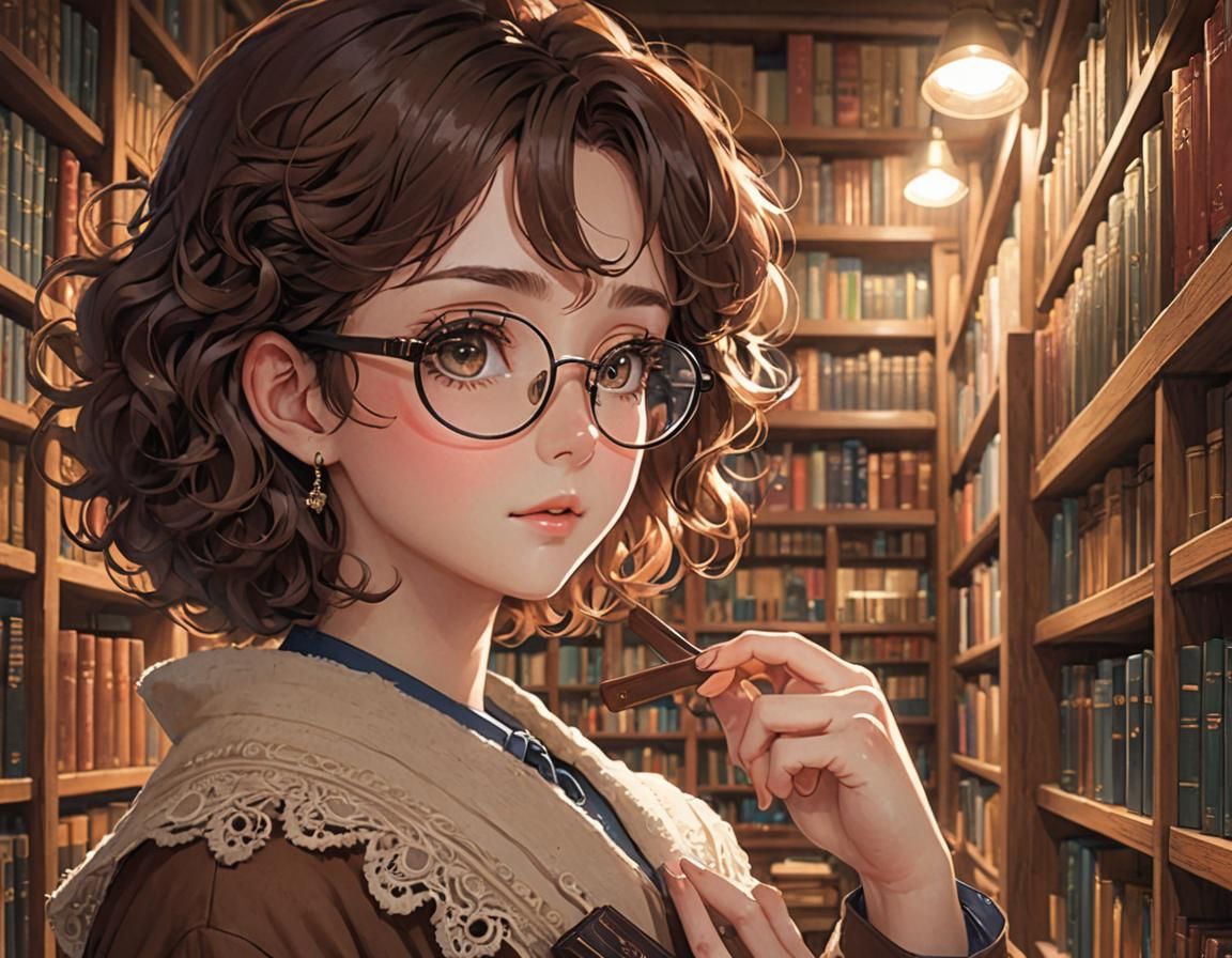 Anime Girl Reading in Cozy Library Scene