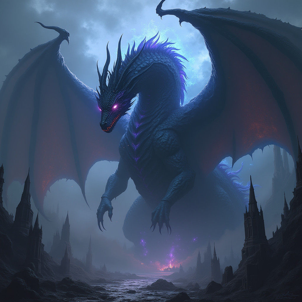Majestic Dark Magic Dragon in Gothic Landscape