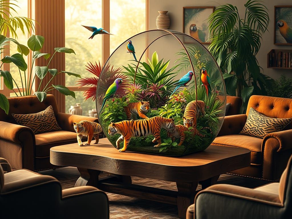 Vibrant Jungle Terrarium in Warm, Golden Light