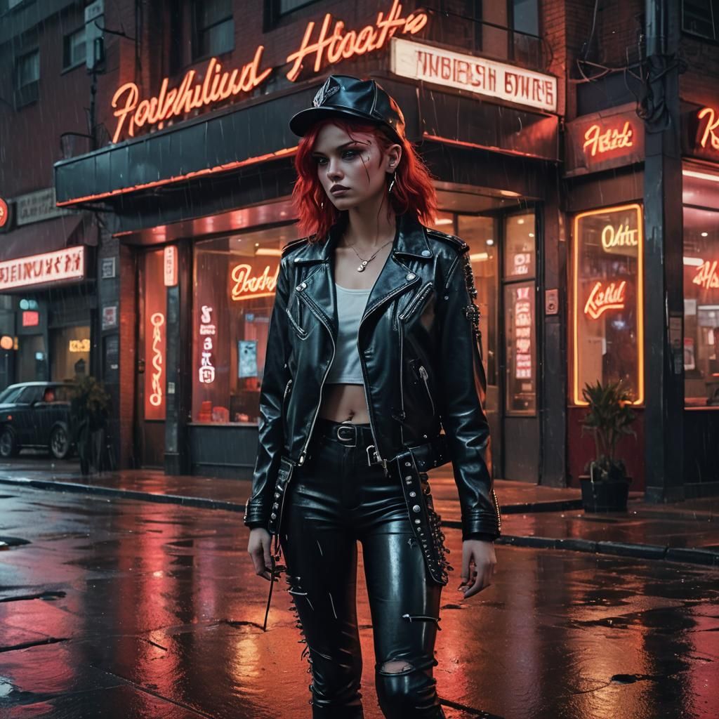 Cyberpunk Biker Girl in Noir Cityscape
