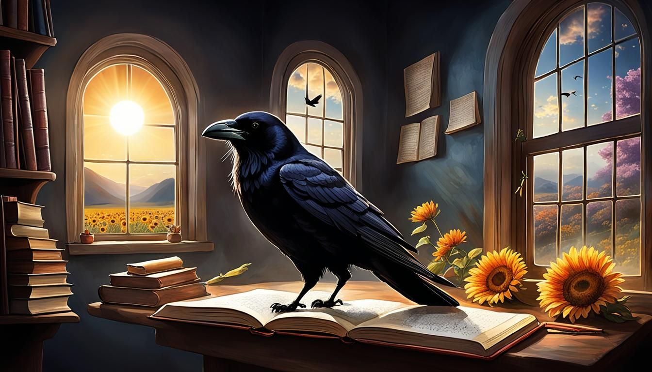 Magical Landscape with Cats, Birds, and Symbolic Elements