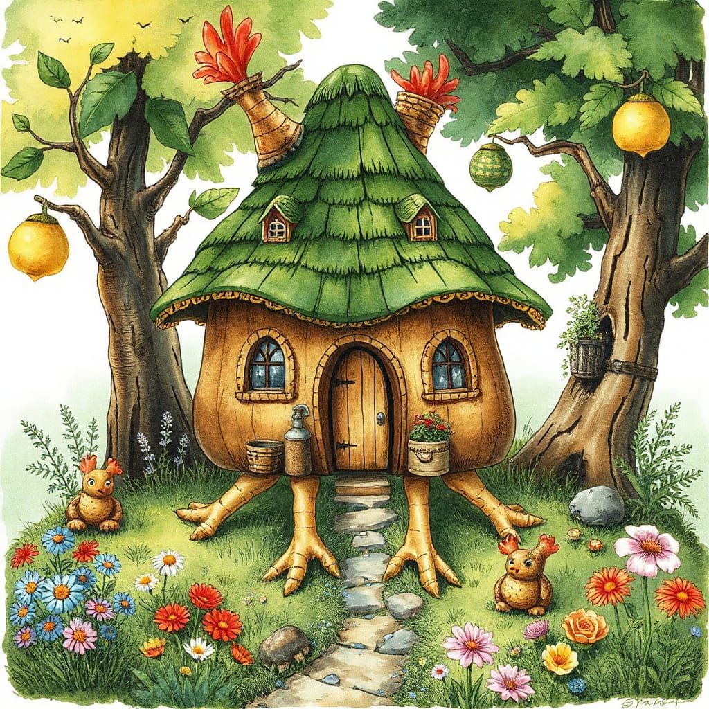 Baba Yaga's House on Chicken Feet: Watercolor Cartoon