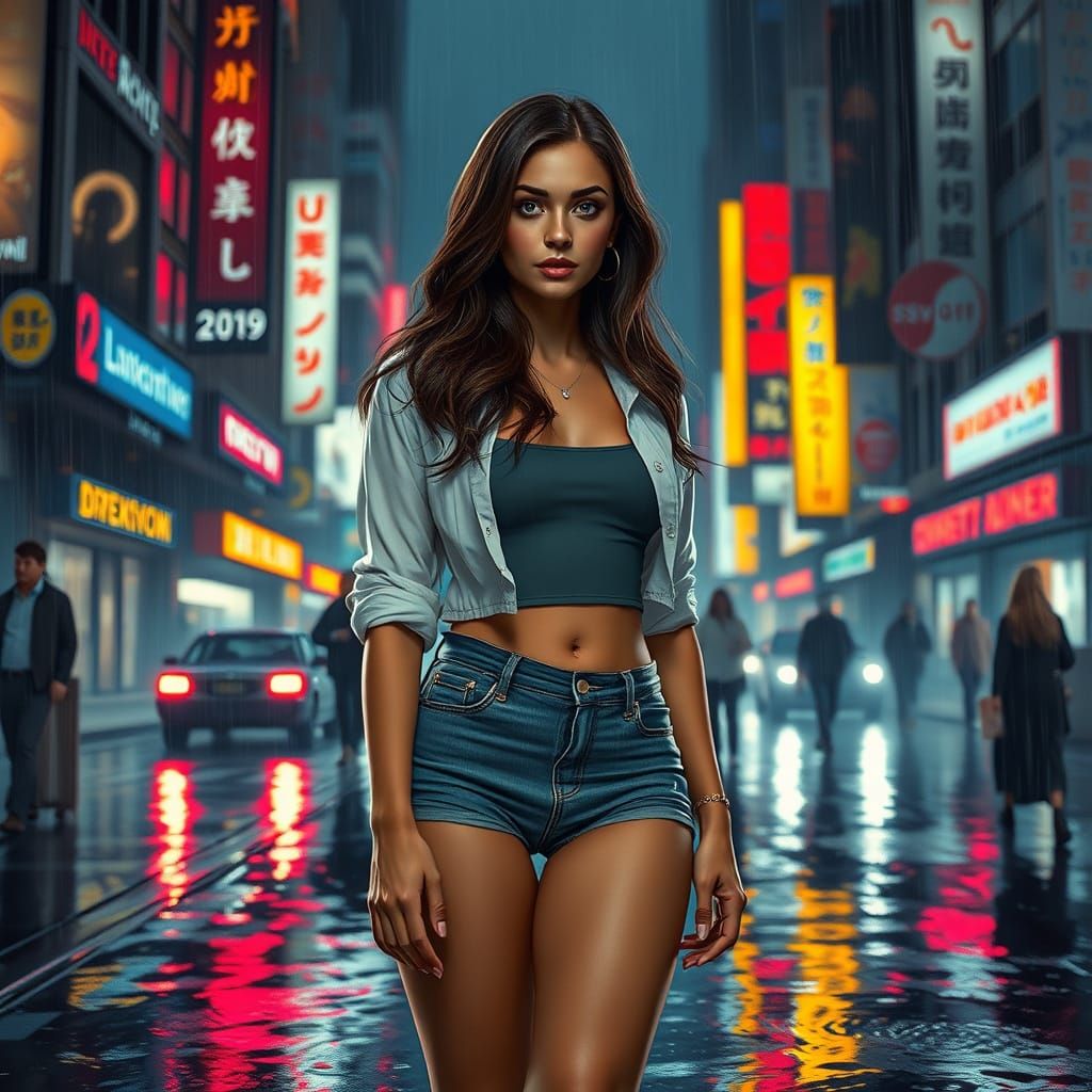 Cyberpunk Brunette in Rainy Cityscape