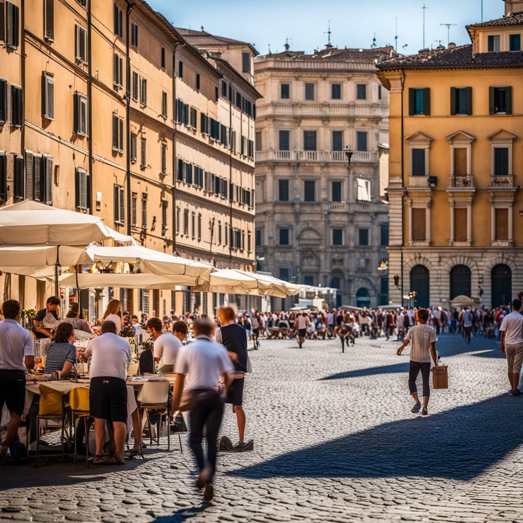 Surreal Summer Scene of Piazza Navona in Rome's Bustling Str...