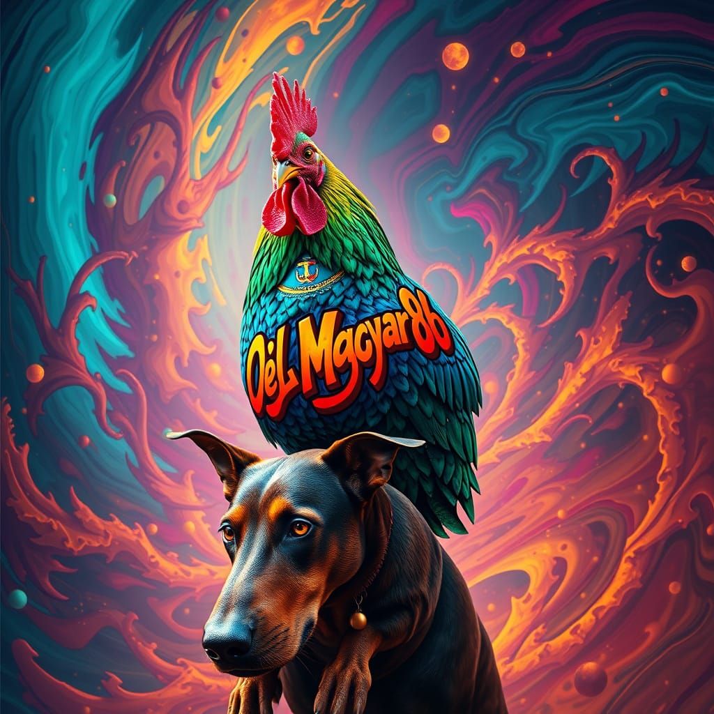 Graffiti Chicken Rides Majestic Doberman in Vibrant Fantasy ...