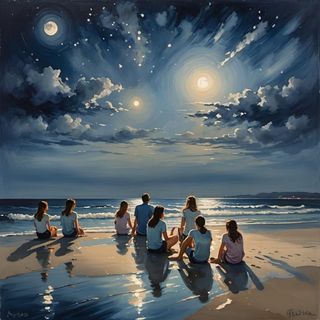 Moonlit Seascape with Friends: A Dreamy Nocturne