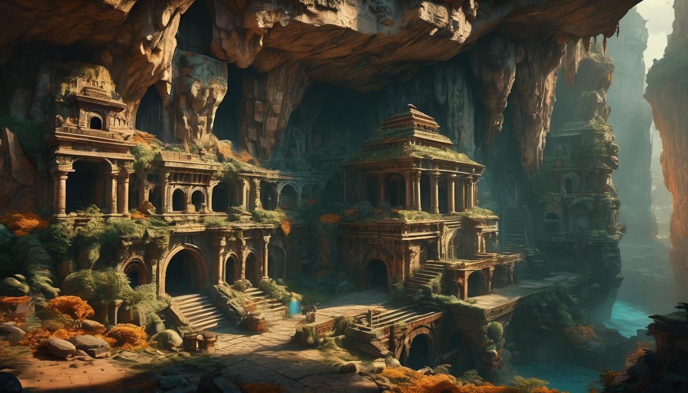 Ancient Underground City in Cave, Detailed Concept Art