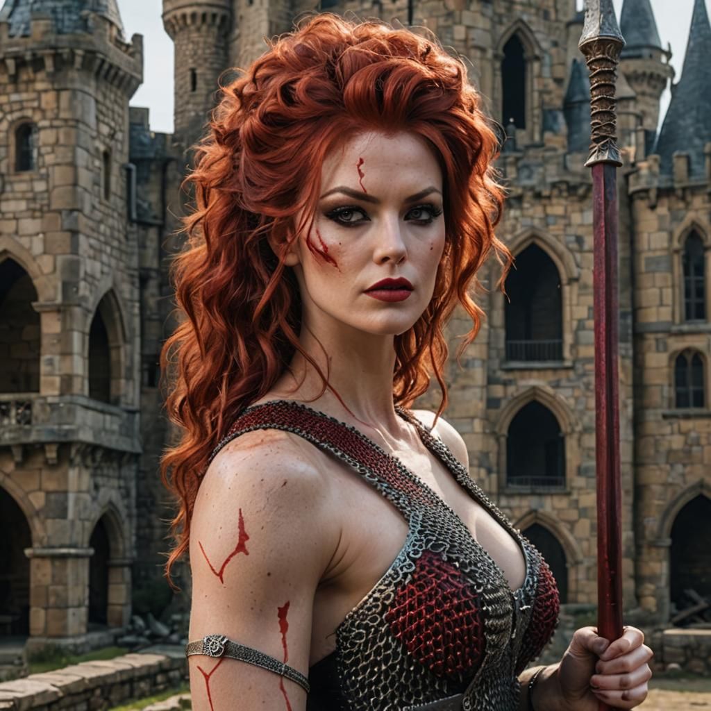 Red Sonja, well defined muscles, luxurious red bouffant hair, battle scarred, black eyeliner, red lips,...