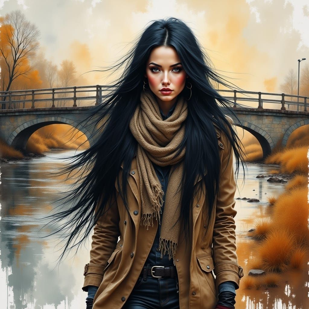 Serene Woman in Grungy Landscape, Golden Hour Glow