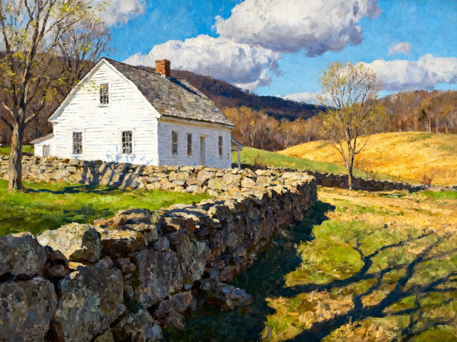 18th Century New England Farmhouse Behind Stone Wall