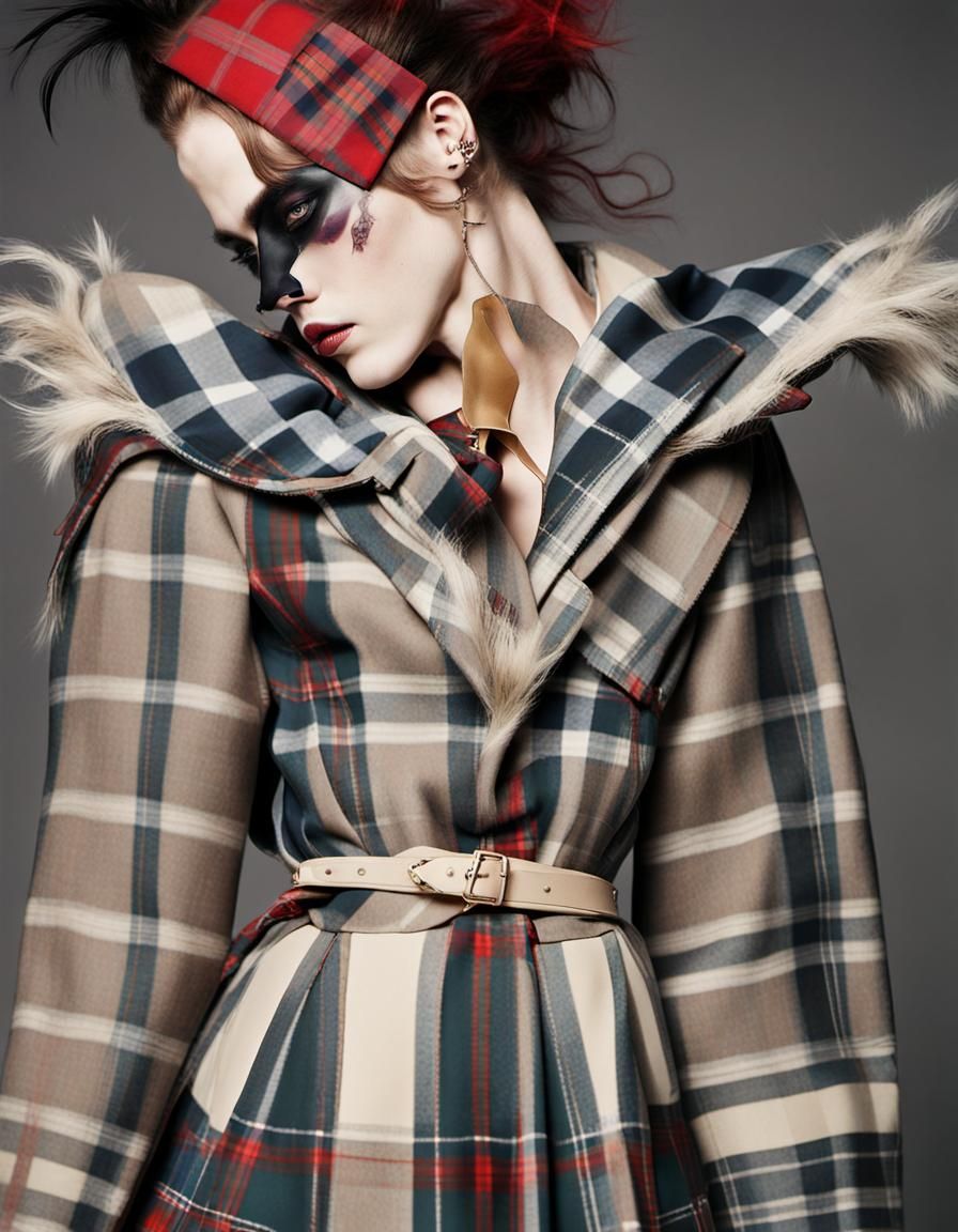 Art by Vivienne Westwood, punk-inspired fashion scene, characters clad in bold, rebellious plaid attire, mixing traditio...