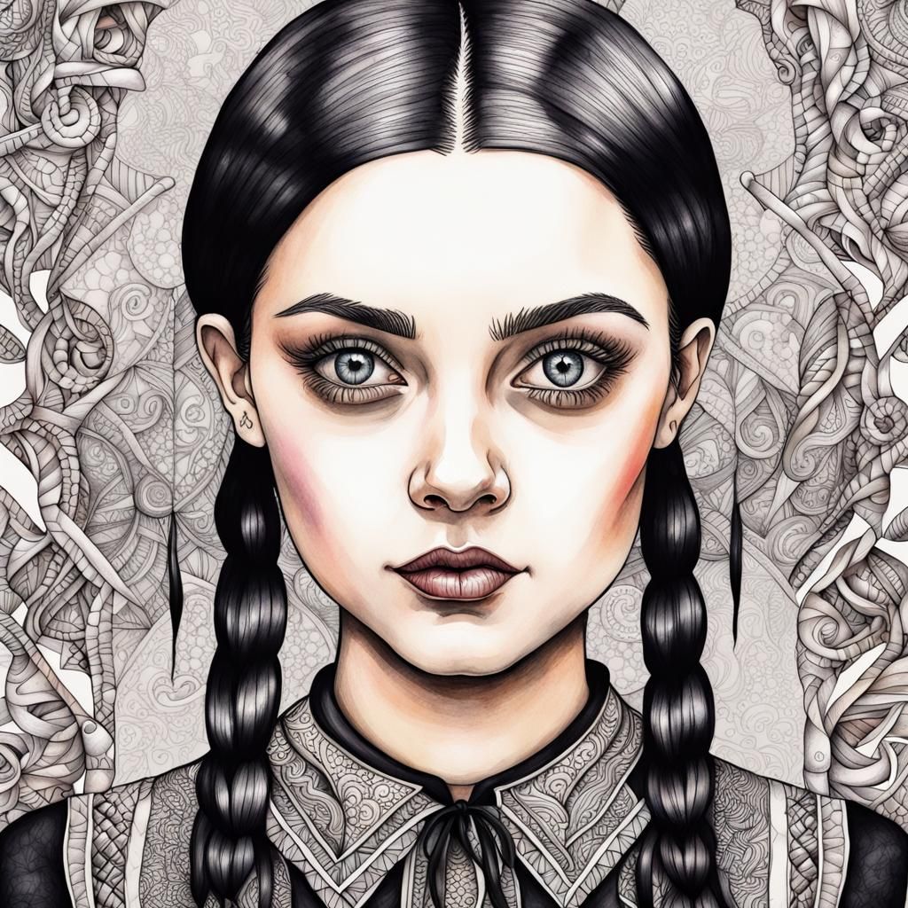 Wednesday Addams in Dreamlike Zentangle Watercolor