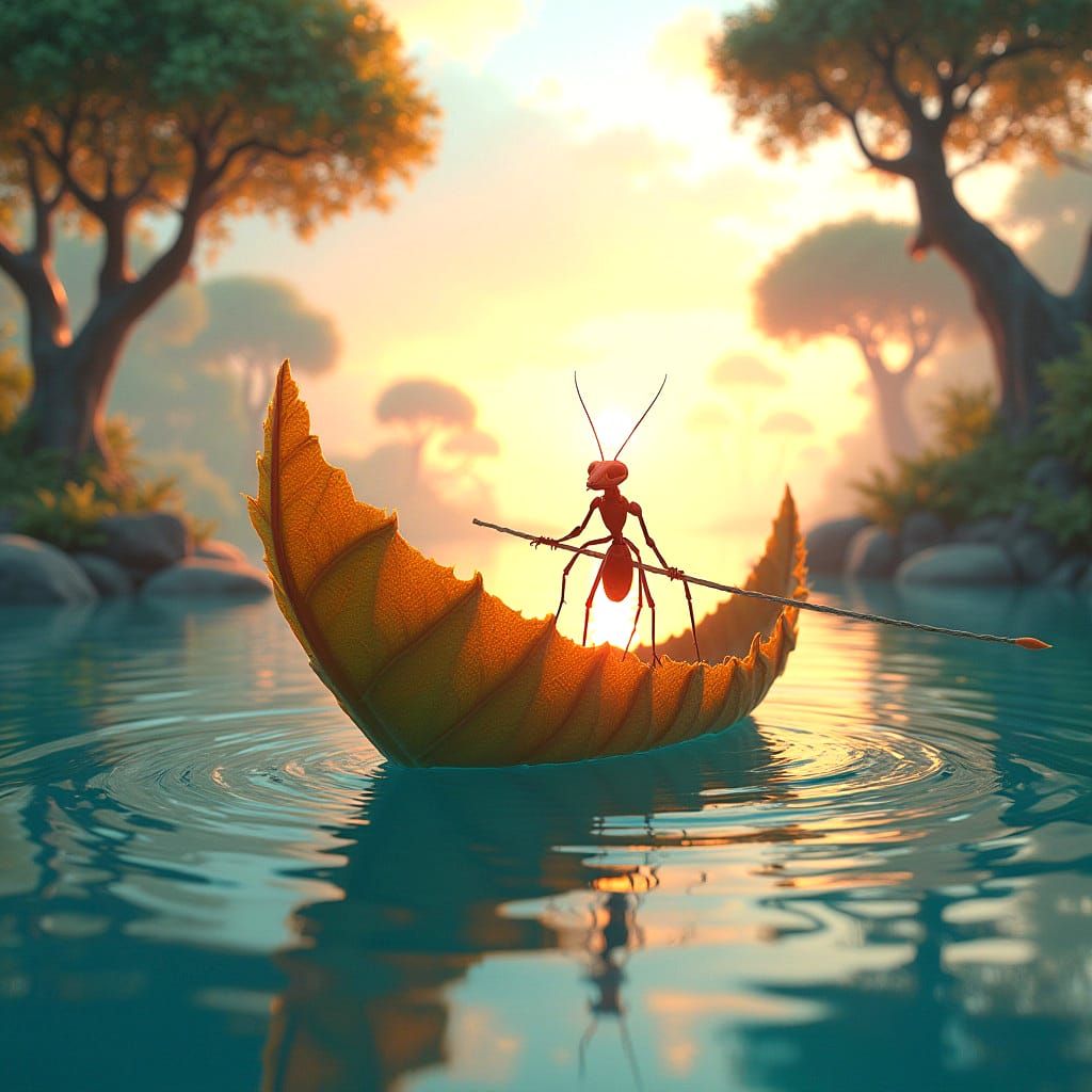 Ant on Leaf Boat: Detailed Fantasy Art