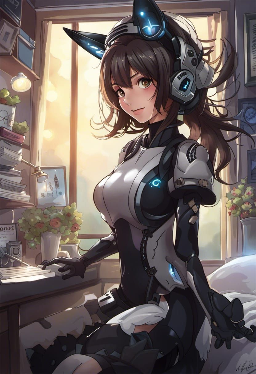 Mecha Maid in Futuristic Apartment, Ukiyo-e Style