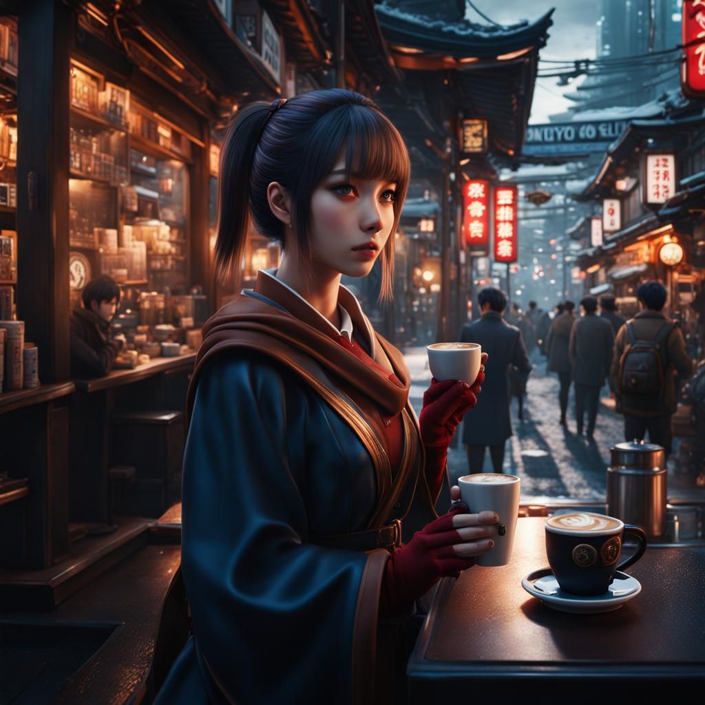 Girl Drinking Coffee in Tokyo: Detailed Matte Painting