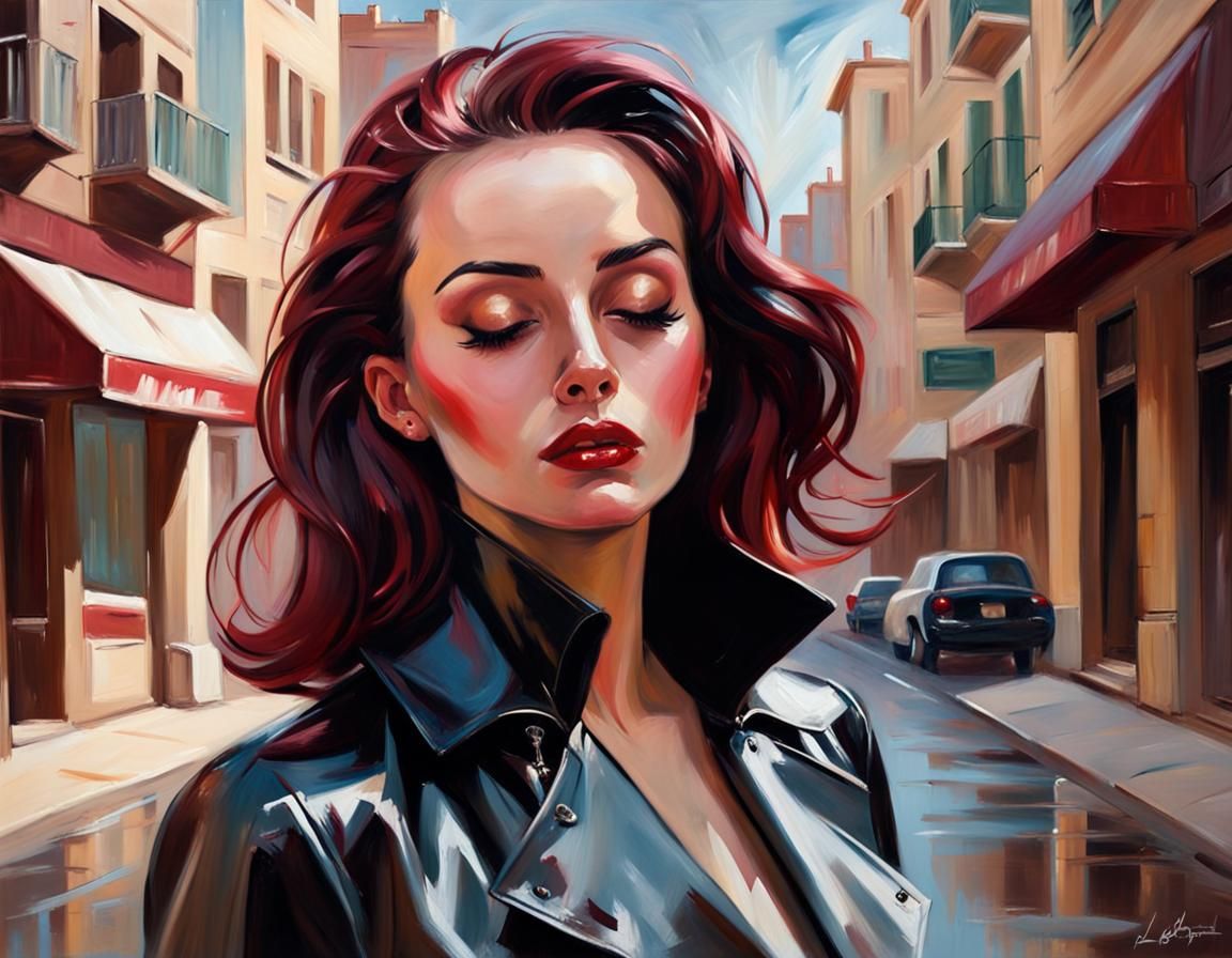 Gothic Oil Painting of Woman in Latex Coat