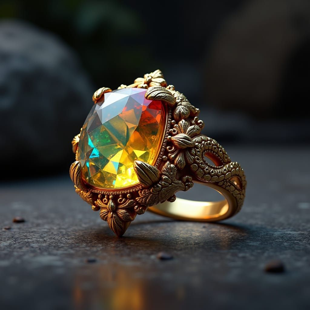 Ornate Gold Ring with Serpentine Engraving and Gemstone