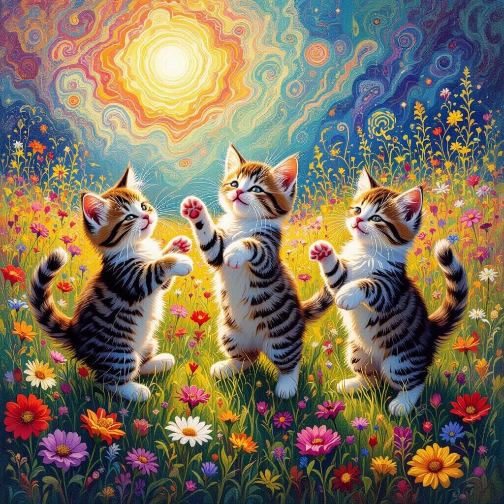 Psychedelic Kittens Dancing in Wildflower Meadow Oil Paintin...