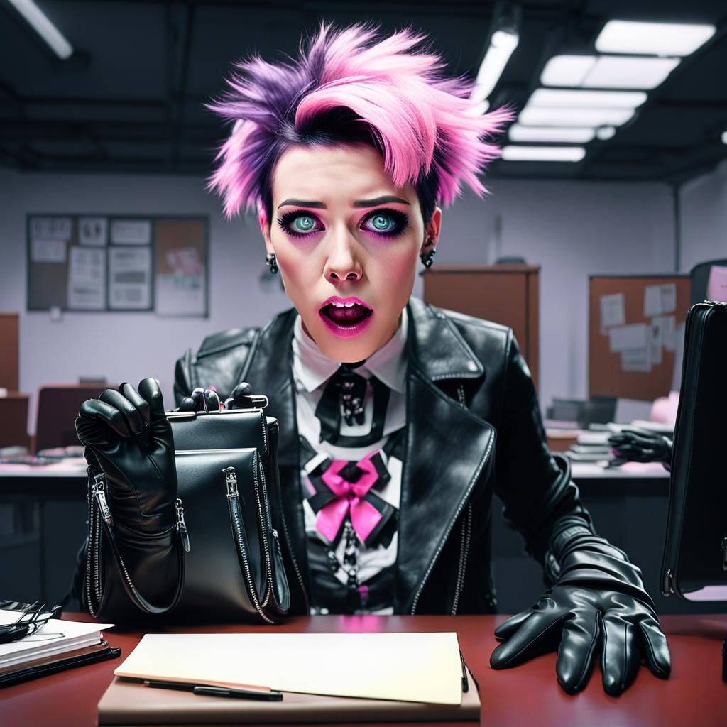 Surprised Goth Punk Finds Glowing Briefcase