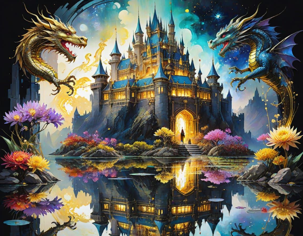 Anime Castle with Dragon Aesthetics and Gemstones