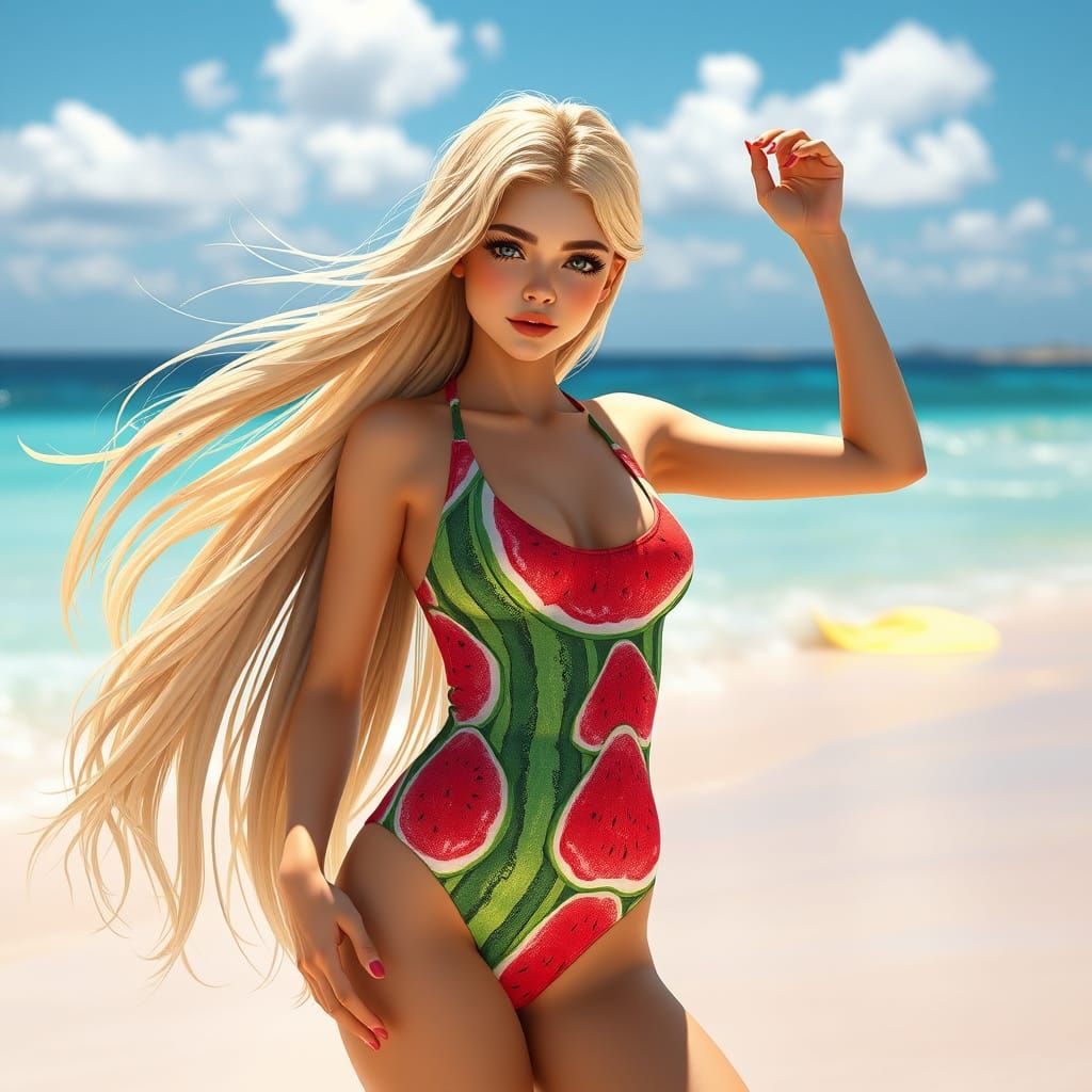 Vibrant Beach Goddess in Watermelon Suit