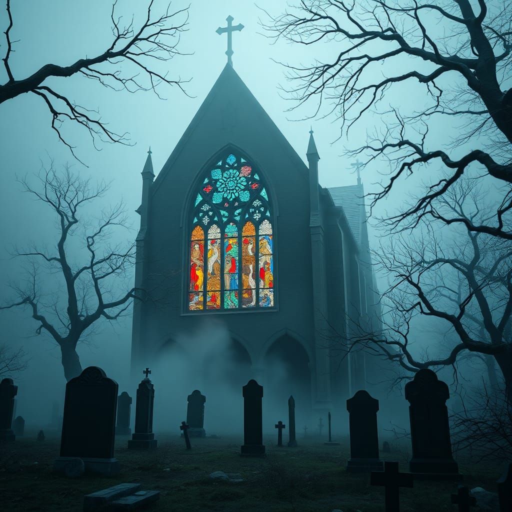 Mystical Church Illuminates Gothic Graveyard in Surreal Styl...