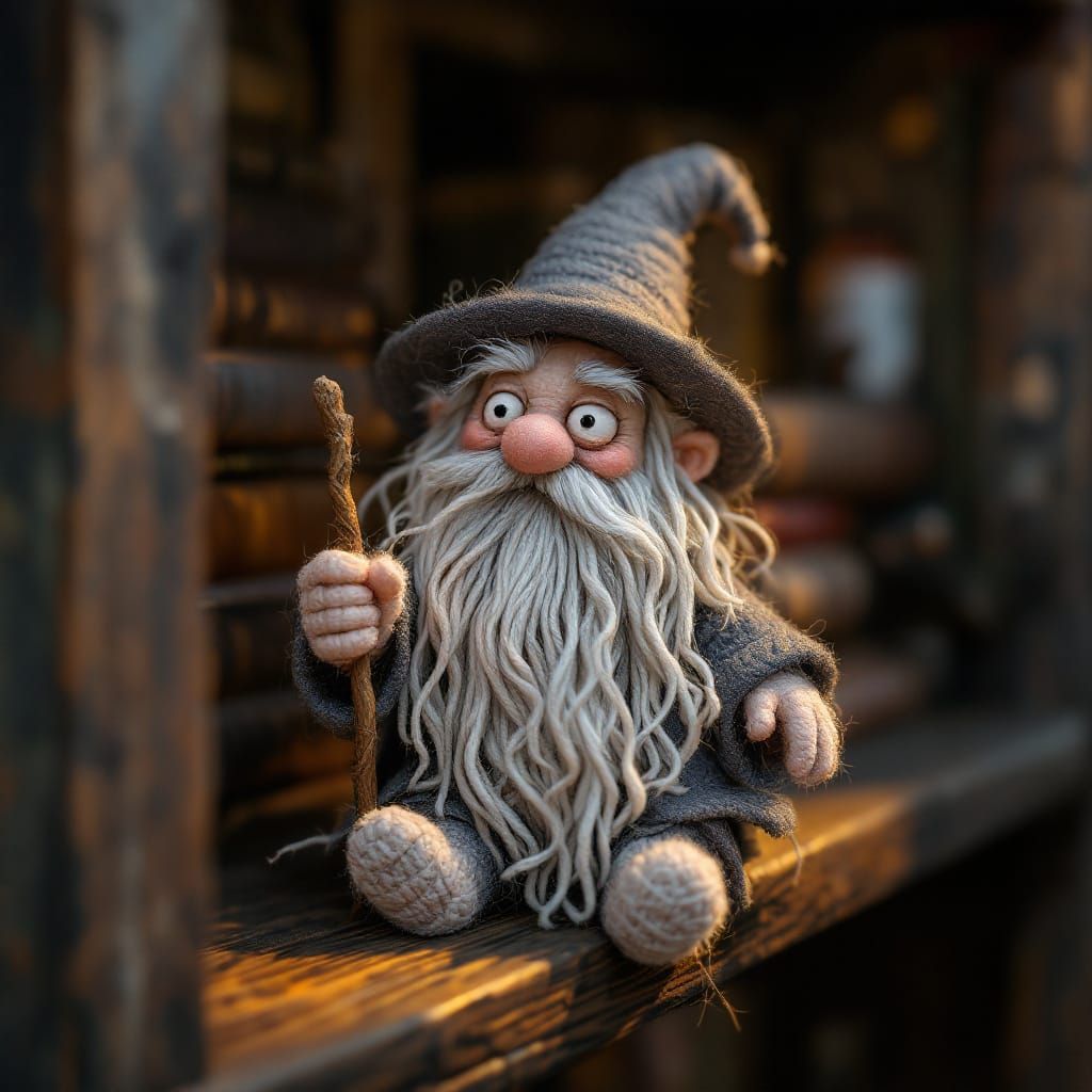 Adorable Yarn Gandalf on Bookshelf in 3D