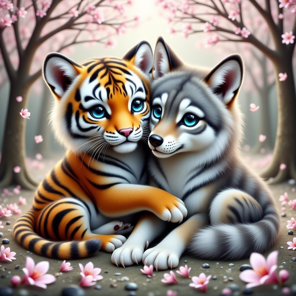 Sakura Friends: Realistic Cherry Blossom Tiger and Wolf