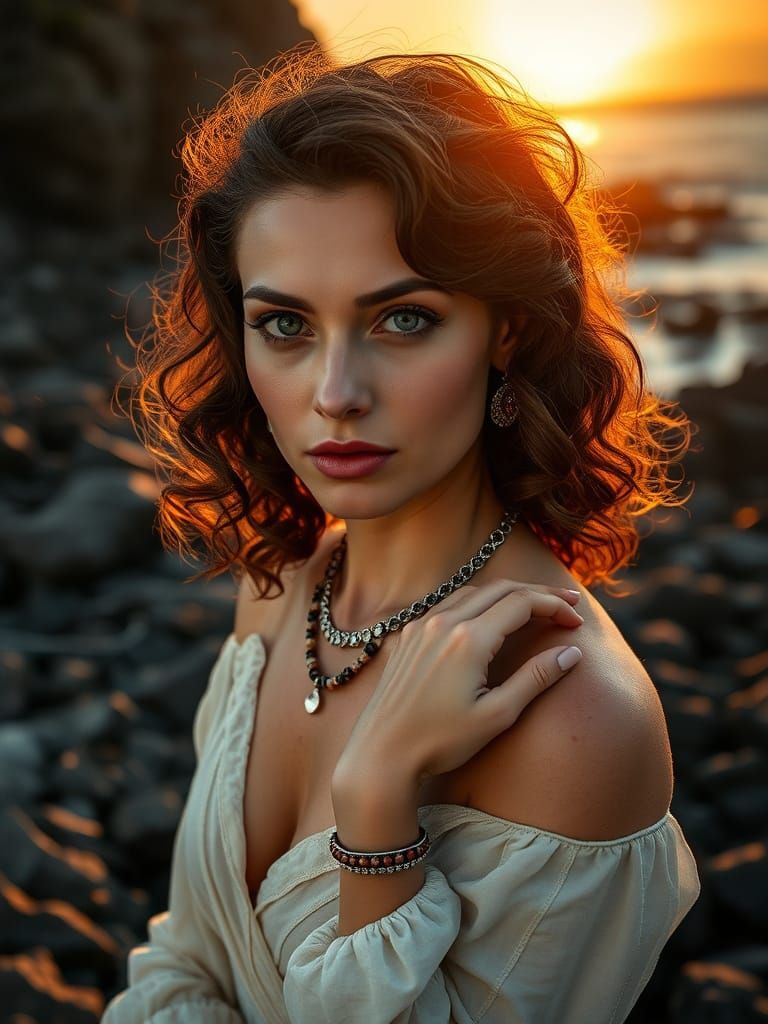 Italian Woman Posing on Rocky Beach at Sunset