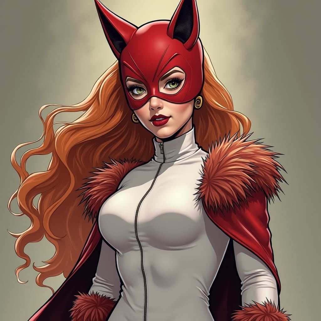 Redhead Superheroine in Fox Mask, Comic Book Art