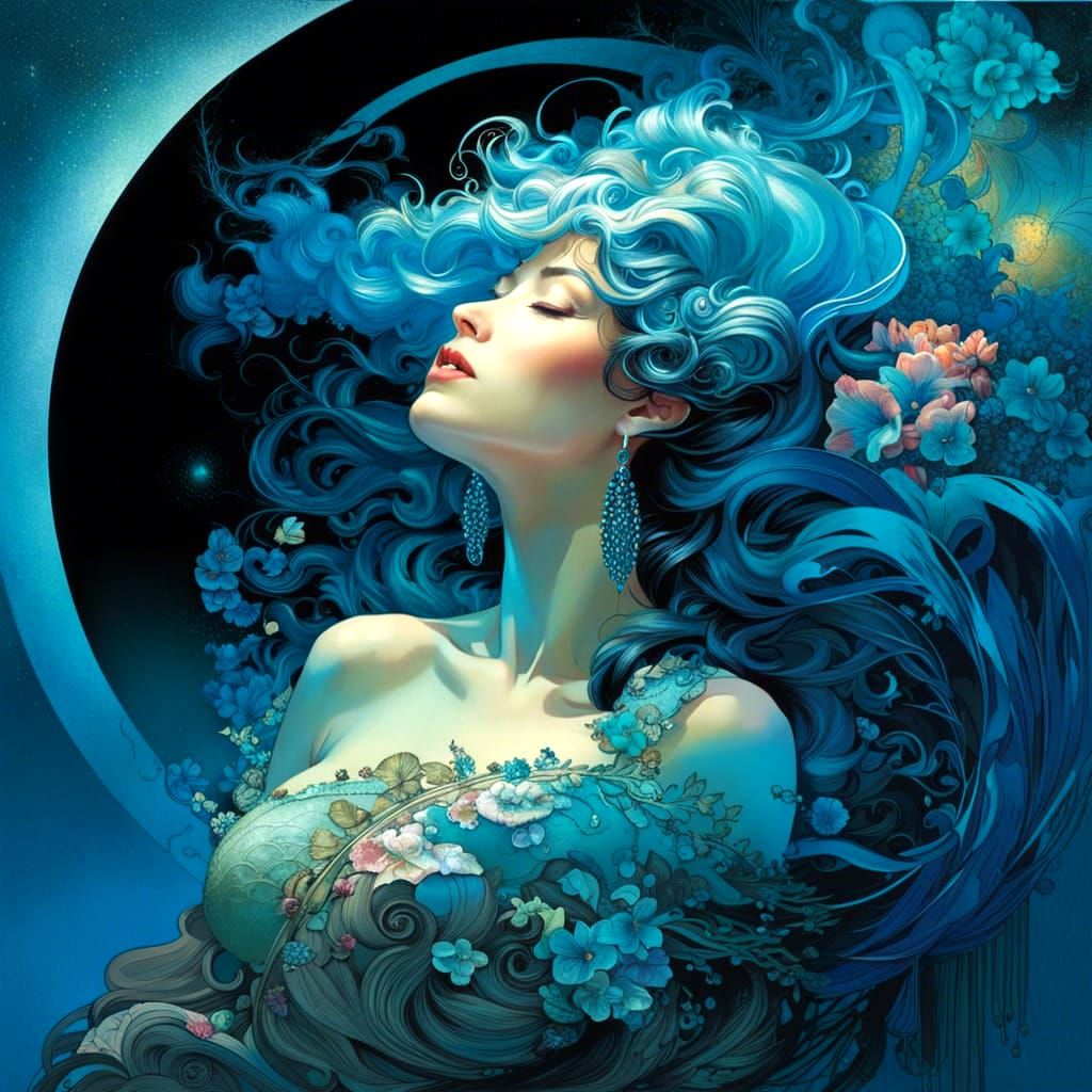 Liquid Blue Moon Over Sleeping Woman: Surreal Art